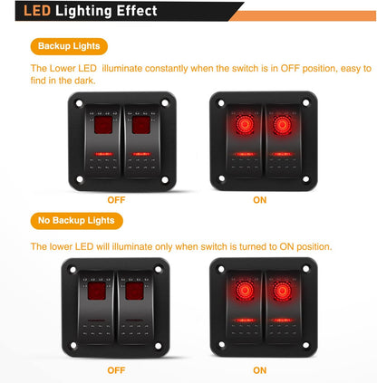 Waywe 2 Gang Rocker Switch Panel 12V 24V DC Red Switches Aluminum Panel 5Pin ON Off PreWired Toggle Switch Panel Waterproof for Cars Boats ATVs UTVs