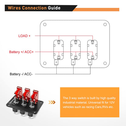 Waywe 3 Gang Toggle Switch 12V Rocker Switch Panel with LED Light and Flip Cover Heavy-Duty ON Off Switch Plate 3 Pin SPST Rocker Switch