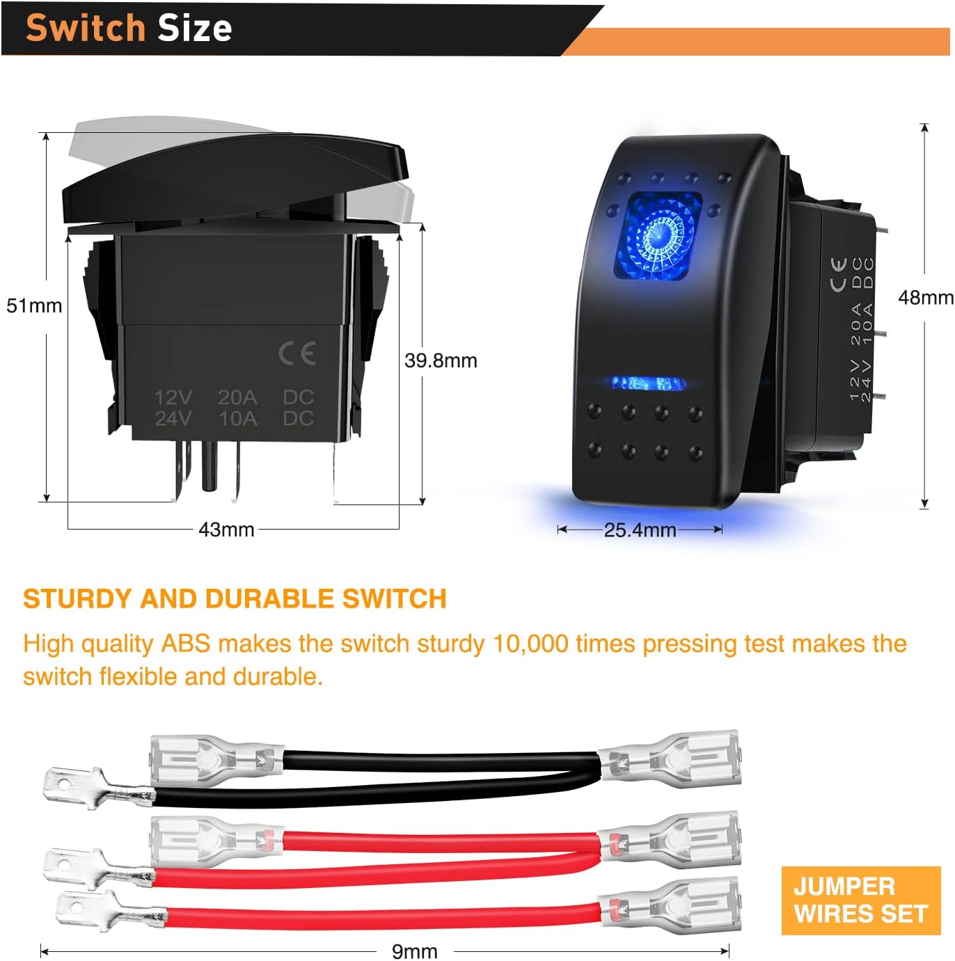 Waywe 6 Pack Rocker Switches with Night Glow Stickers 5 PIN SPST Rocker Switches with Blue Backlit 12V 24V Toggle Switches for Cars Trucks RVs Boats Auto Motorcycles