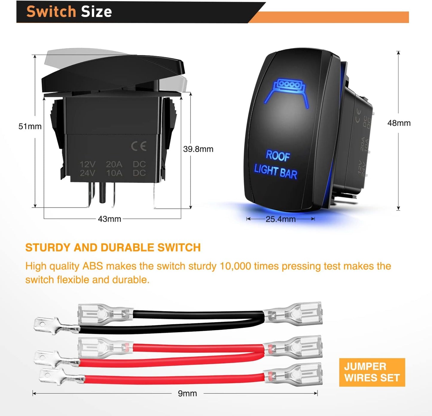 Waywe Roof Light Bar Rocker Switch Led Light Bar Switch 5Pin Laser On Off SPST switches 20A 12V 10A 24V Switch Blue with Jumper Wires Set for Cars Trucks RVs