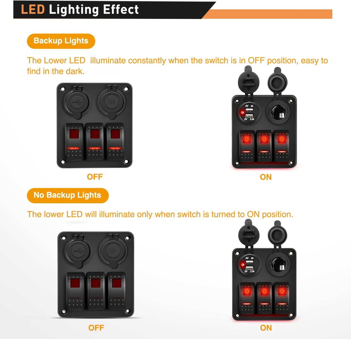 Waywe 3 Gang Rocker Switch Panel with USB Charger and Cigar Lighter 12V 24V Toggle Switch ON Off Rocker Switch Red for Cars Rvs Trucks