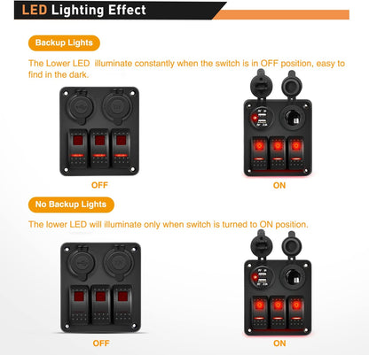 Waywe 3 Gang Rocker Switch Panel with USB Charger and Cigar Lighter 12V 24V Toggle Switch ON Off Rocker Switch Red for Cars Rvs Trucks