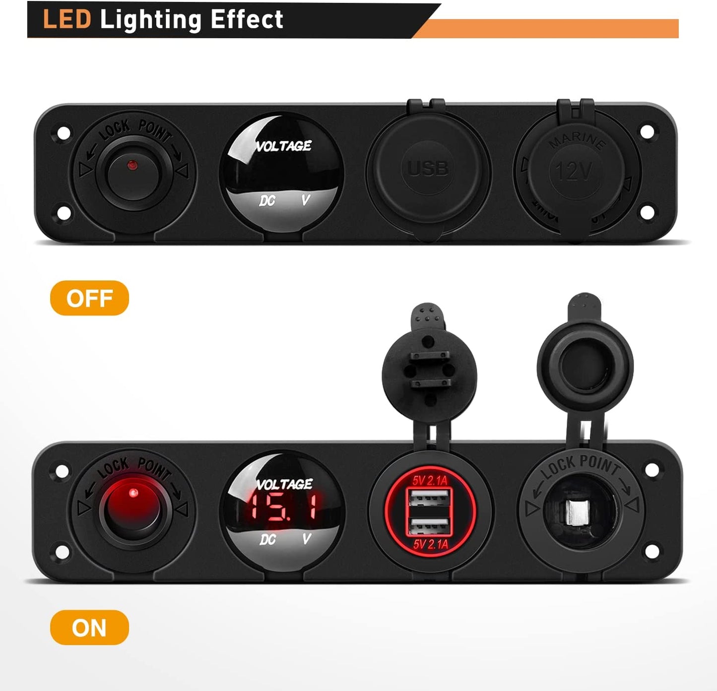 Waywe 4 in 1 ON Off Charger Socket Panel Dual USB Power Outlet LED Voltmeter Cigarette Lighter Lighted Rocker Toggle Switch for Truck Car Marine Boats RV