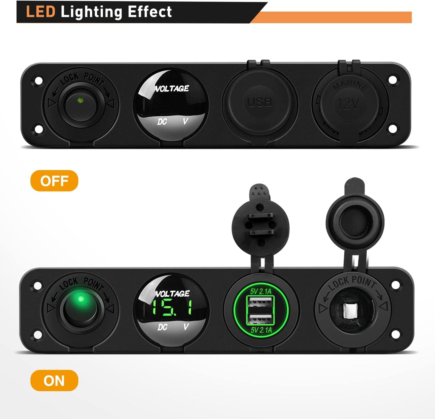 Waywe 4 in 1 ON Off Charger Socket Panel Dual USB Socket Power Outlet LED Voltmeter Cigarette Lighter Socket LED Lighted ON Off Rocker Toggle Switch for Truck Car Marine Boats RV