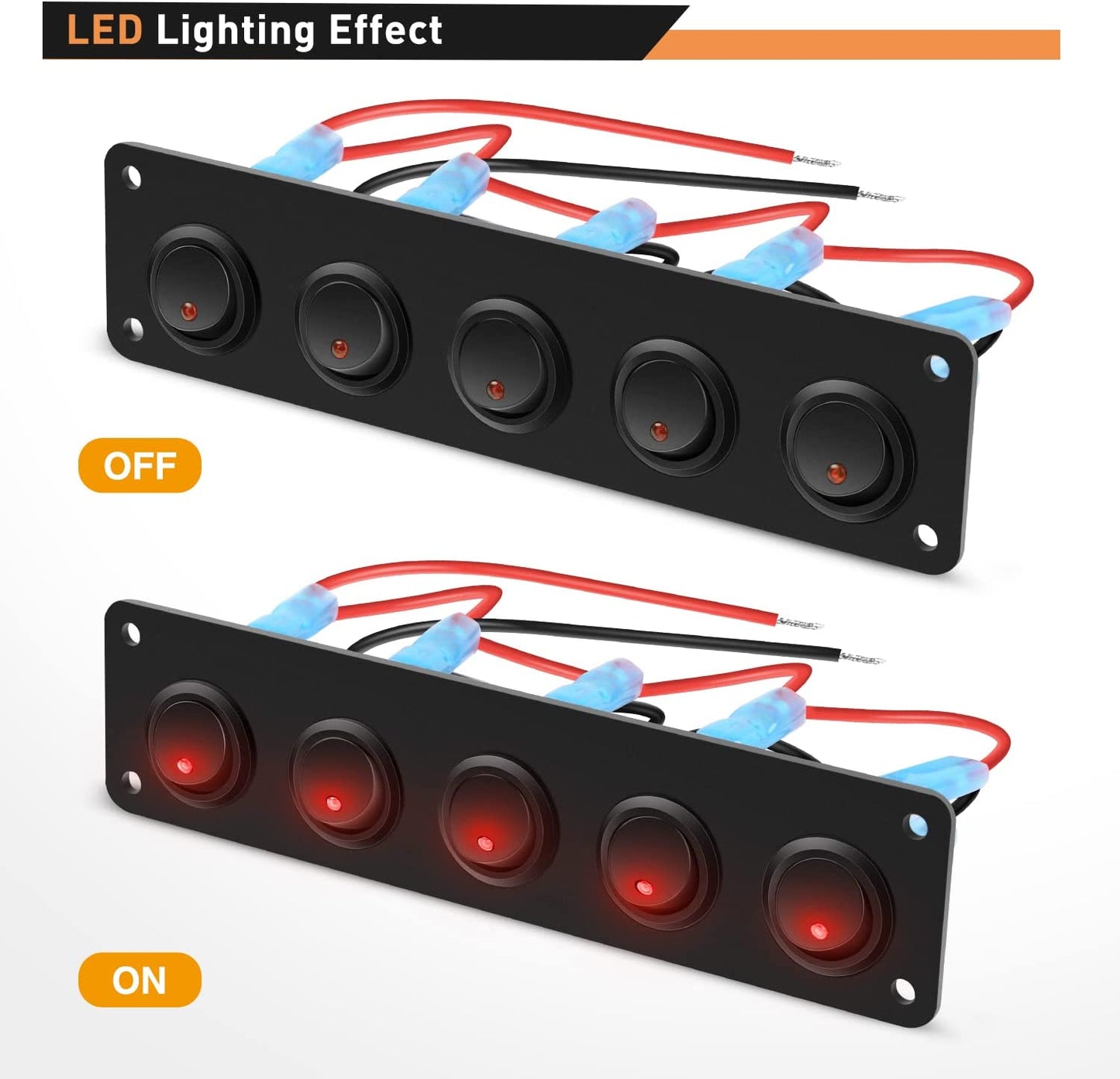 Waywe 5 Gang 3 Pin Rocker Switch Panel 20A Waterproof On Off 12V Red Toggle Switch for Cars Trucks Boats