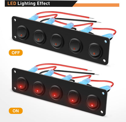 Waywe 5 Gang 3 Pin Rocker Switch Panel 20A Waterproof On Off 12V Red Toggle Switch for Cars Trucks Boats