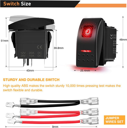 Waywe 6 Pack Rocker Switches with Night Glow Stickers 5 PIN SPST Red Backlit 12V 24V Toggle Switch for Cars Trucks RVs Boats Auto Motorcycles