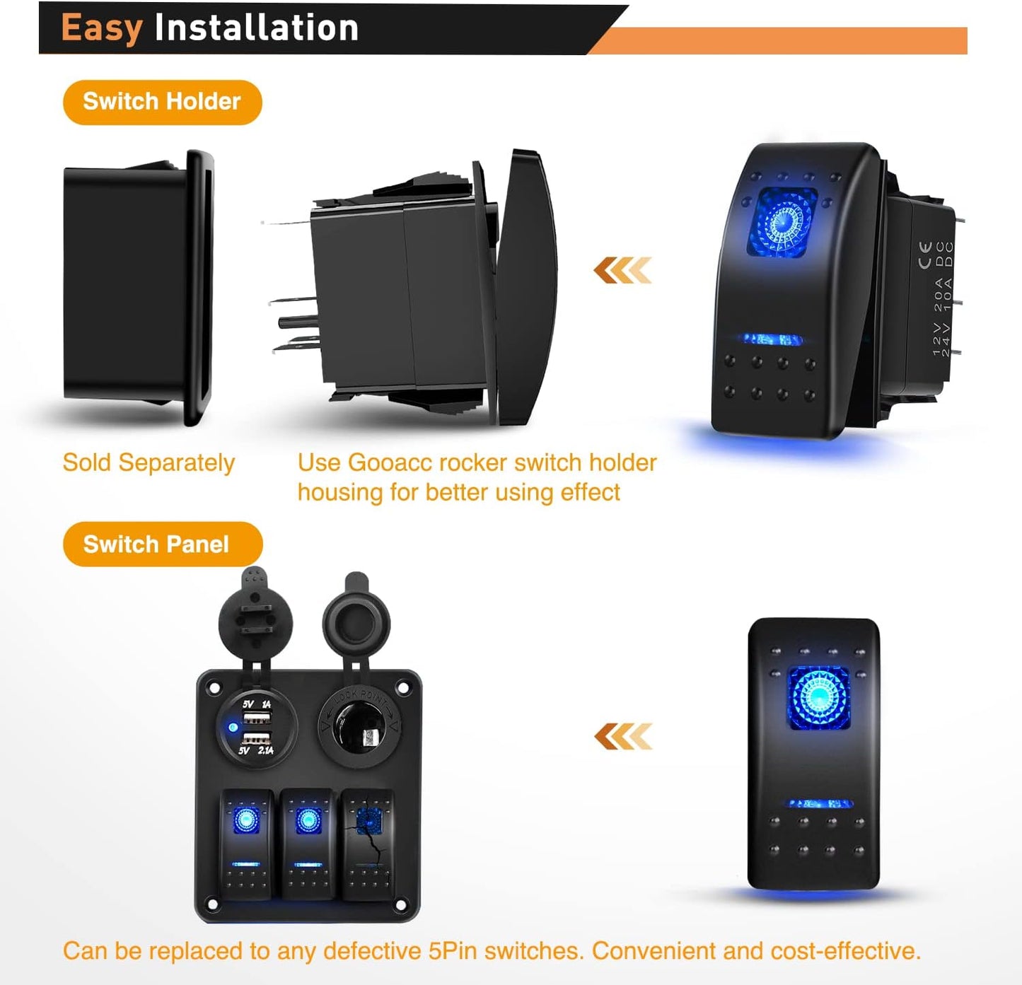 Waywe 6 Pack Rocker Switches with Night Glow Stickers 5 PIN SPST Rocker Switches with Blue Backlit 12V 24V Toggle Switches for Cars Trucks RVs Boats Auto Motorcycles