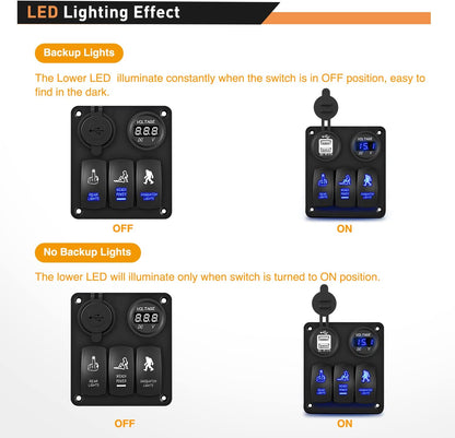 Waywe 3 Gang Rocker Switch Panel USB Charger LED Voltmeter Sasquatch Lights Wench Power Rear Lights Switch On Off Aluminum Waterproof Toggle Switch Panel for 12V Cars Trucks Boats