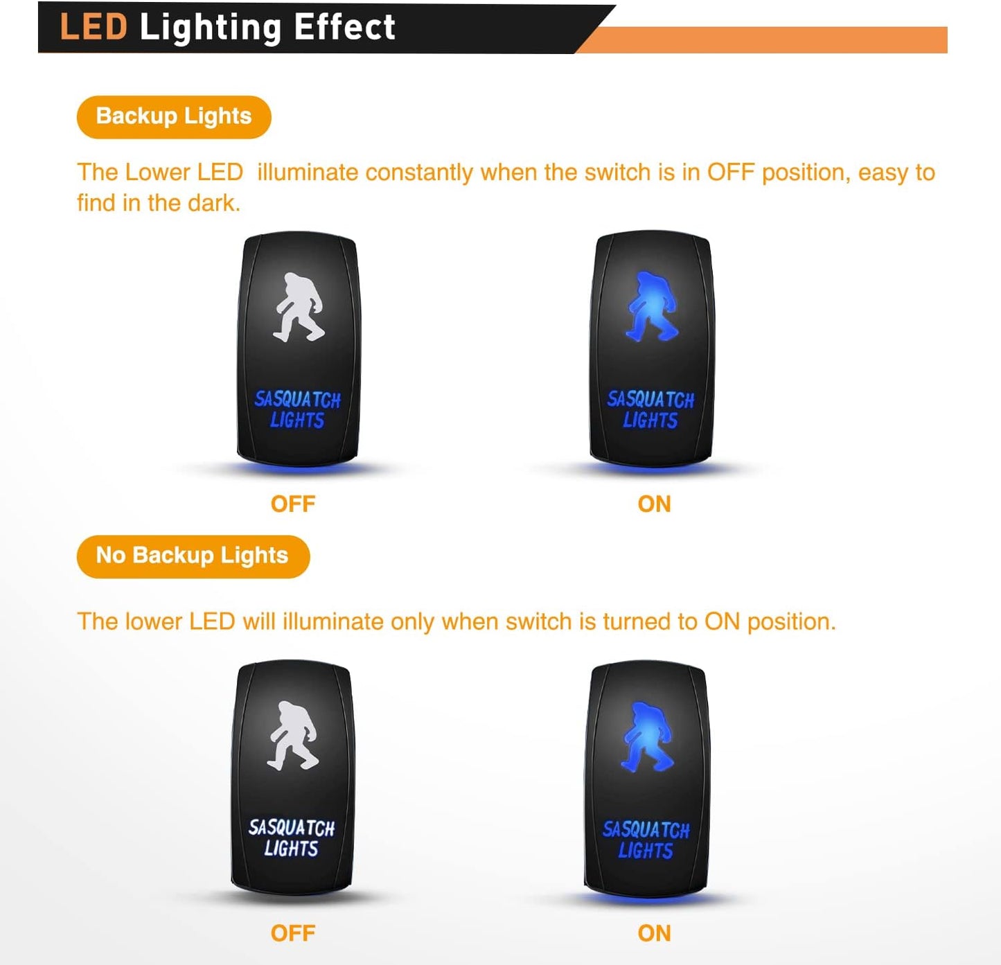 Waywe Sasquatch Lights Rocker Switch 5Pin Laser On Off LED Light 20A 12V 10A 24V Switch Jumper Wires Set for Jeep Boat Trucks