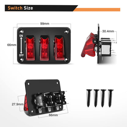 Waywe 3 Gang Toggle Switch 12V Rocker Switch Panel with LED Light and Flip Cover Heavy-Duty ON Off Switch Plate 3 Pin SPST Rocker Switch