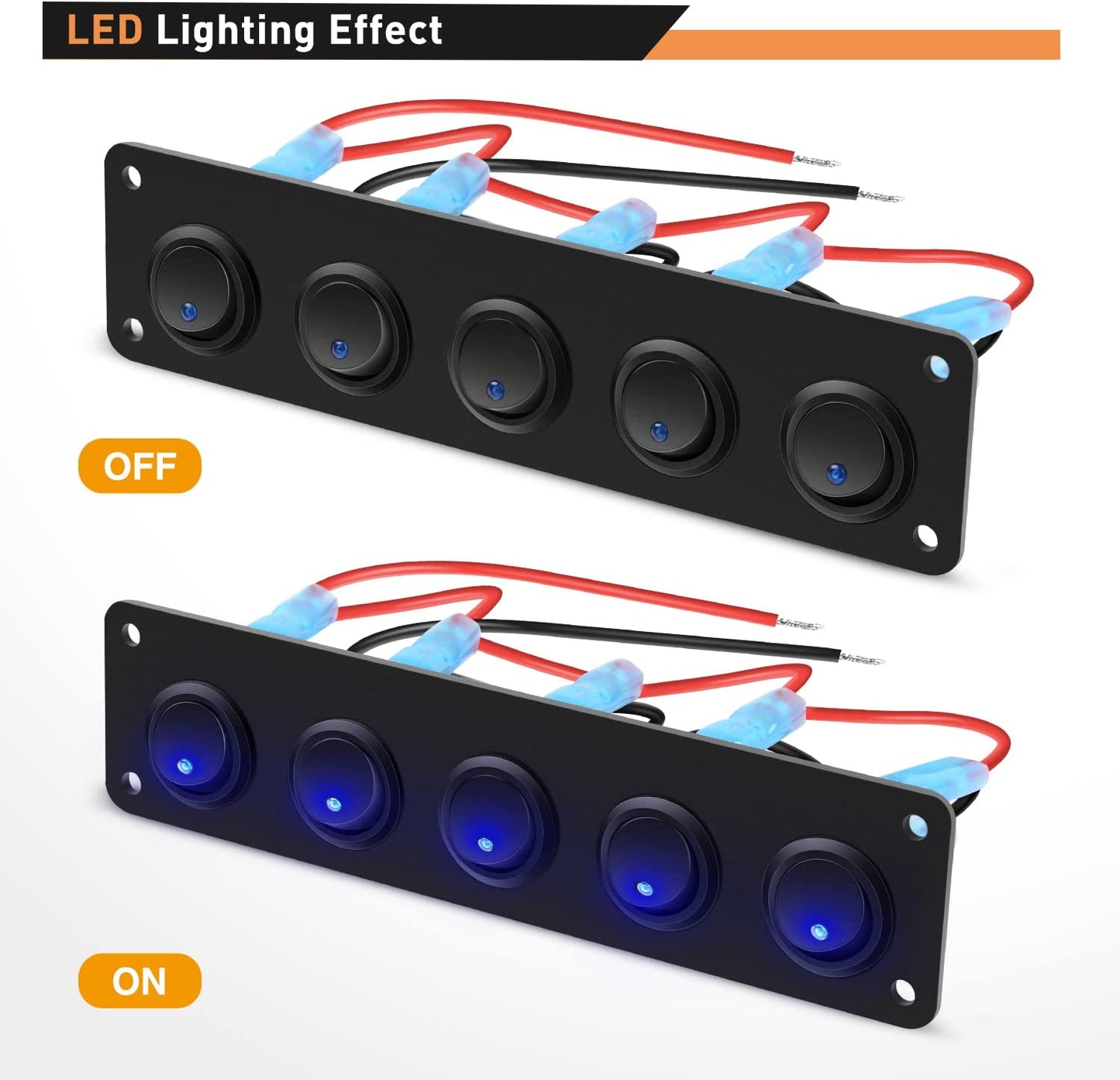 Waywe 5 Gang 3 Pin Rocker Switch Panel 20A Waterproof On Off 12V Blue Toggle Switch for Cars Trucks Boats