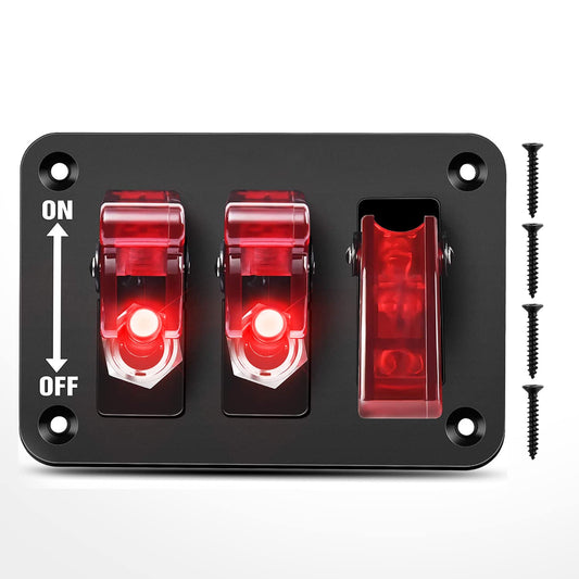 Waywe 3 Gang Toggle Switch 12V Rocker Switch Panel with LED Light and Flip Cover Heavy-Duty ON Off Switch Plate 3 Pin SPST Rocker Switch