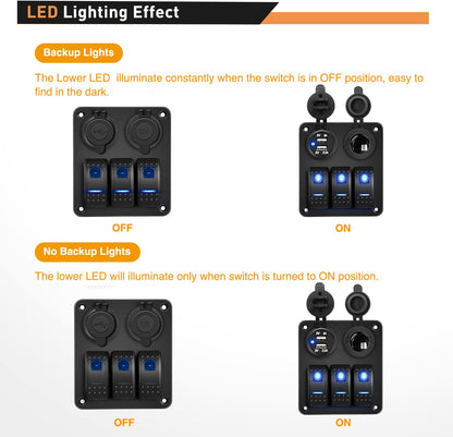 Waywe 3 Gang Rocker Switch Panel with USB Charger and Cigar Lighter 12V 24V Toggle Switch ON Off Rocker Switch Blue for Cars Rvs Trucks