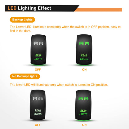 Waywe Rear Lights Rocker Switch Led Light Bar Switch 5Pin Laser On Off switches Green 20A 12V 10A 24V Switch with Jumper Wires Set for Cars Trucks RVs