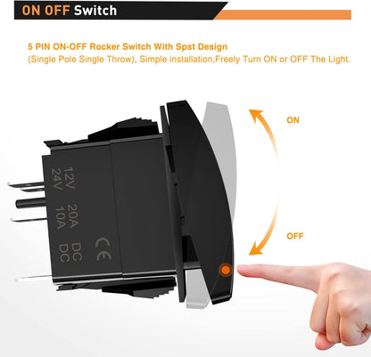 Waywe Roof Light Bar Rocker Switch Led Light Bar Switch 5Pin Laser On Off SPST switches 20A 12V 10A 24V Switch Blue with Jumper Wires Set for Cars Trucks RVs