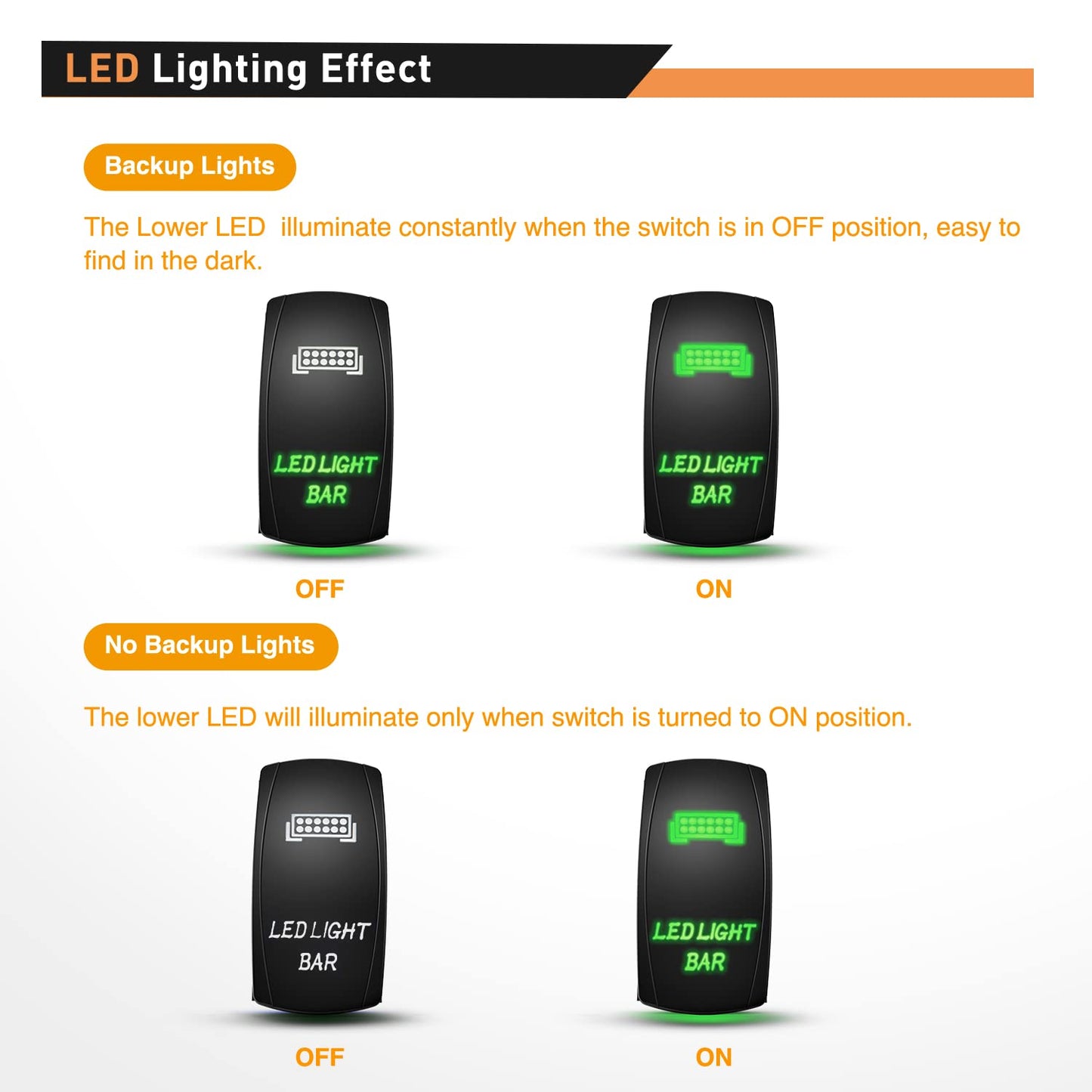 Waywe LED Light Bar Rocker Switch 5Pin Laser On Off Lights 20A 12V 10A 24V Switches Green Jumper Wires Set for Jeep Boat Trucks