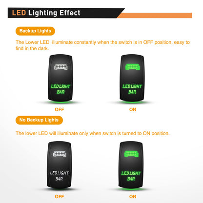 Waywe LED Light Bar Rocker Switch 5Pin Laser On Off Lights 20A 12V 10A 24V Switches Green Jumper Wires Set for Jeep Boat Trucks