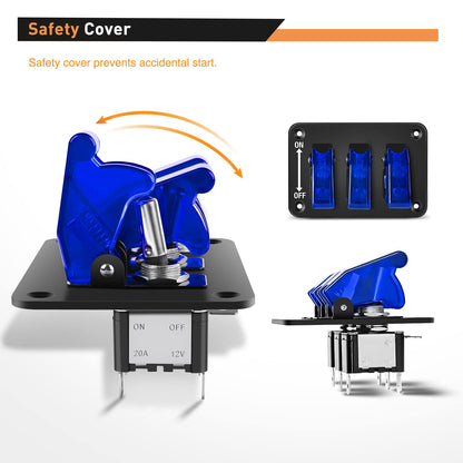 Waywe 3 Gang Toggle Switch 12V Rocker Switch Panel with LED Light and Flip Cover Heavy-Duty ON Off Switch Plate 3 Pin SPST Rocker Switch