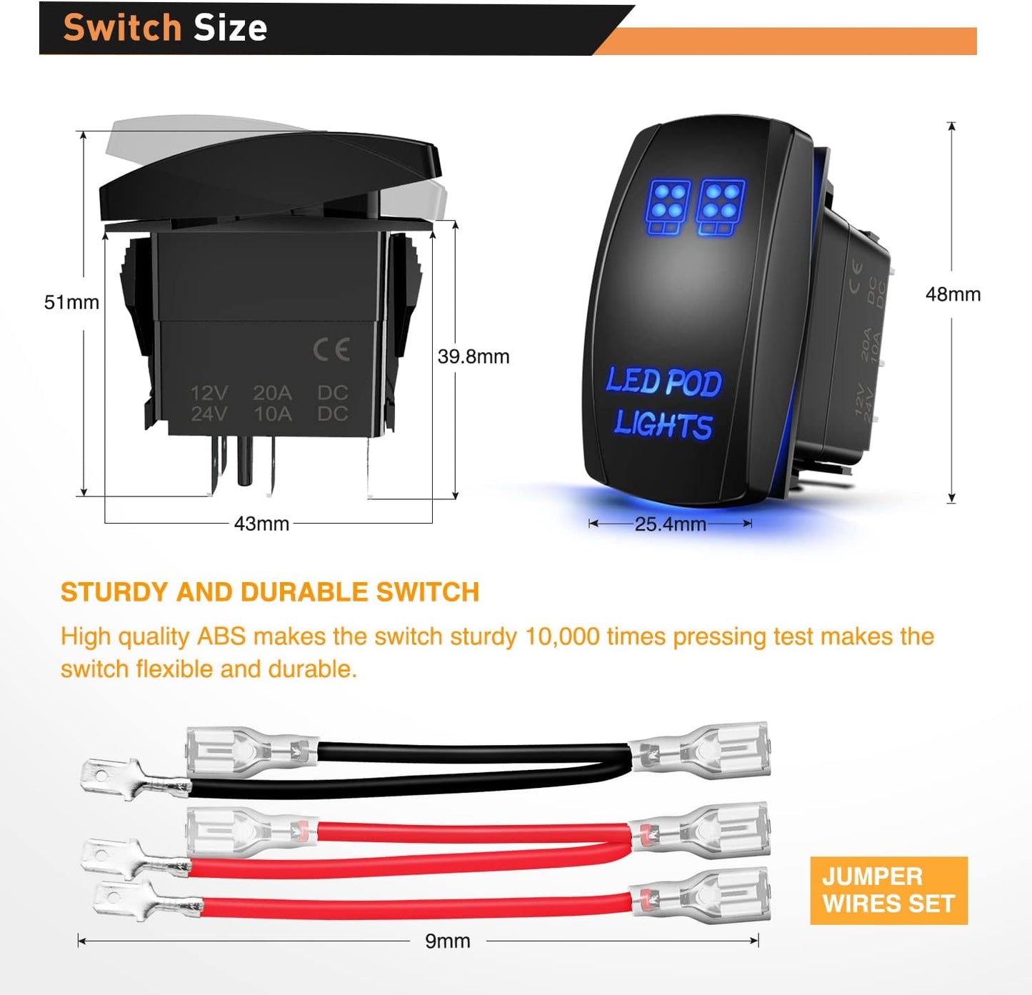 Waywe LED POD Lights Rocker Switch Led Light Bar Switches 5Pin Laser On Off switches 20A 12V 10A 24V with Jumper Wires Set for Cars Trucks RVs