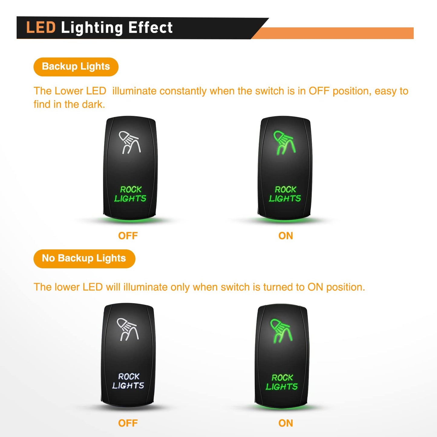 Waywe Rock Lights Rocker Switch Led Light Bar Switch 5Pin Laser On Off SPST switches 20A 12V 10A 24V Switch Green with Jumper Wires Set for Cars Trucks RVs