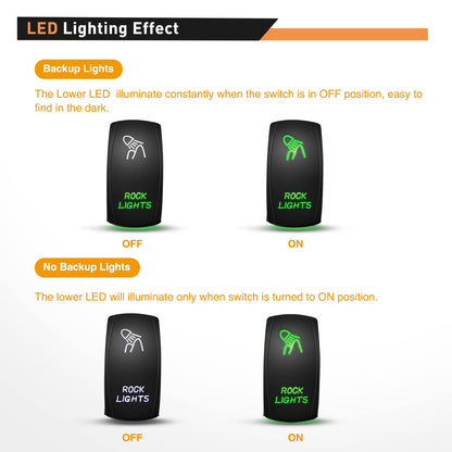 Waywe Rock Lights Rocker Switch Led Light Bar Switch 5Pin Laser On Off SPST switches 20A 12V 10A 24V Switch Green with Jumper Wires Set for Cars Trucks RVs