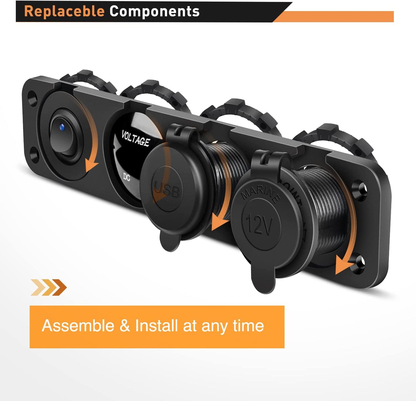 Waywe 4 in 1 ON Off Charger Socket Panel Dual USB Power Outlet LED Voltmeter Cigarette Lighter Lighted Rocker Toggle Switches for Truck Car Marine Boats RV, Blue