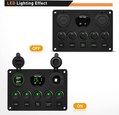 Waywe Multi-Function 5 Gang Rocker Switch Dual USB Charger Digital Volmeter 12V Outlet Pre-Wired Switch Panel Green with Circuit Breakers for RV Car Boat Truck Trailer