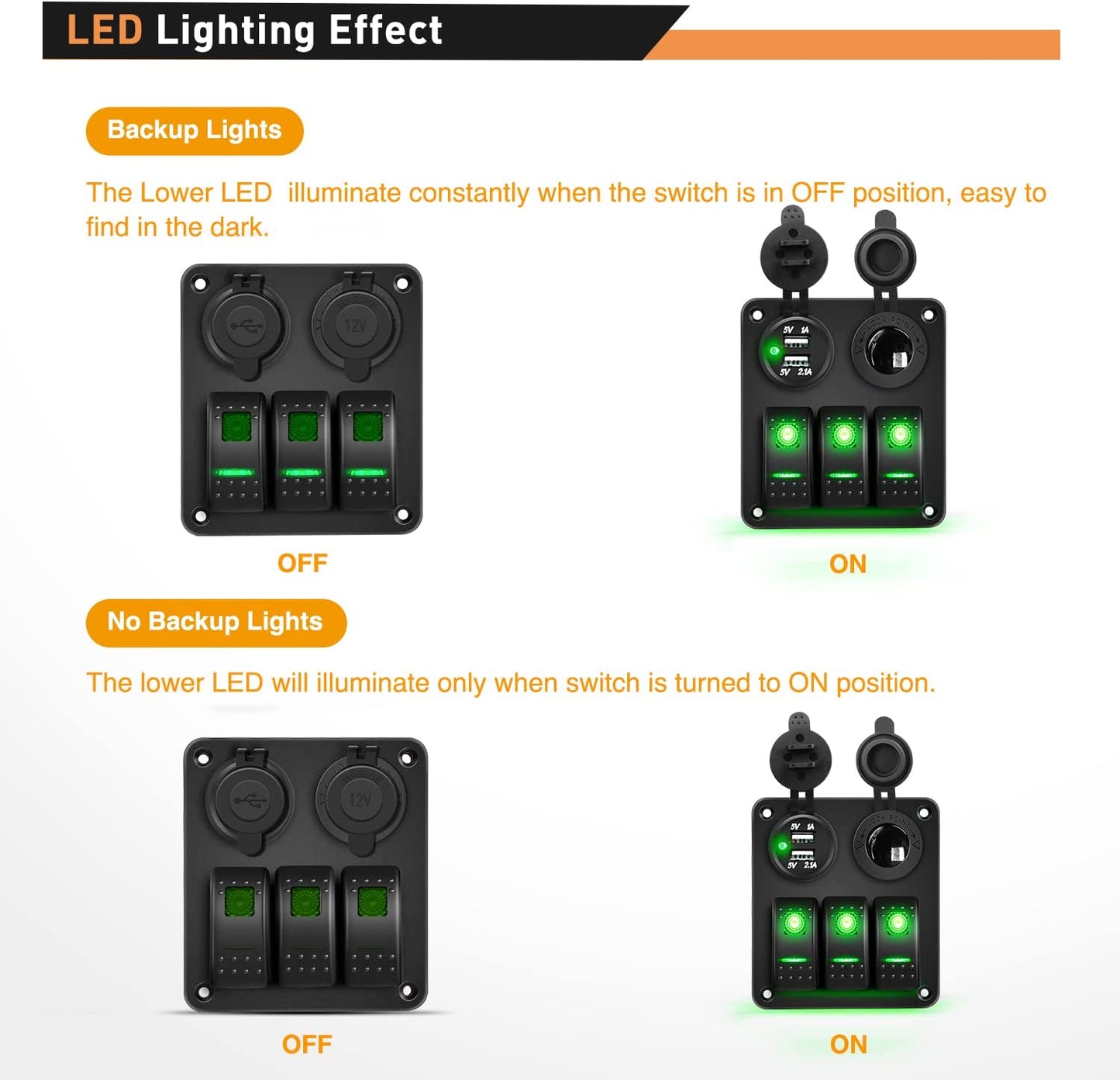 Waywe 3 Gang Rocker Switch Panel with USB Charger and Cigar Lighter 12V 24V Toggle Switch ON Off Rocker Switch Green for Cars Rvs Trucks