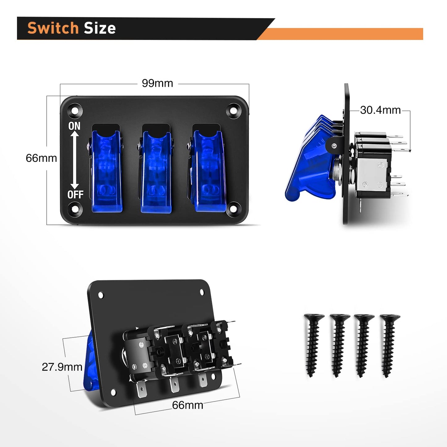 Waywe 3 Gang Toggle Switch 12V Rocker Switch Panel with LED Light and Flip Cover Heavy-Duty ON Off Switch Plate 3 Pin SPST Rocker Switch