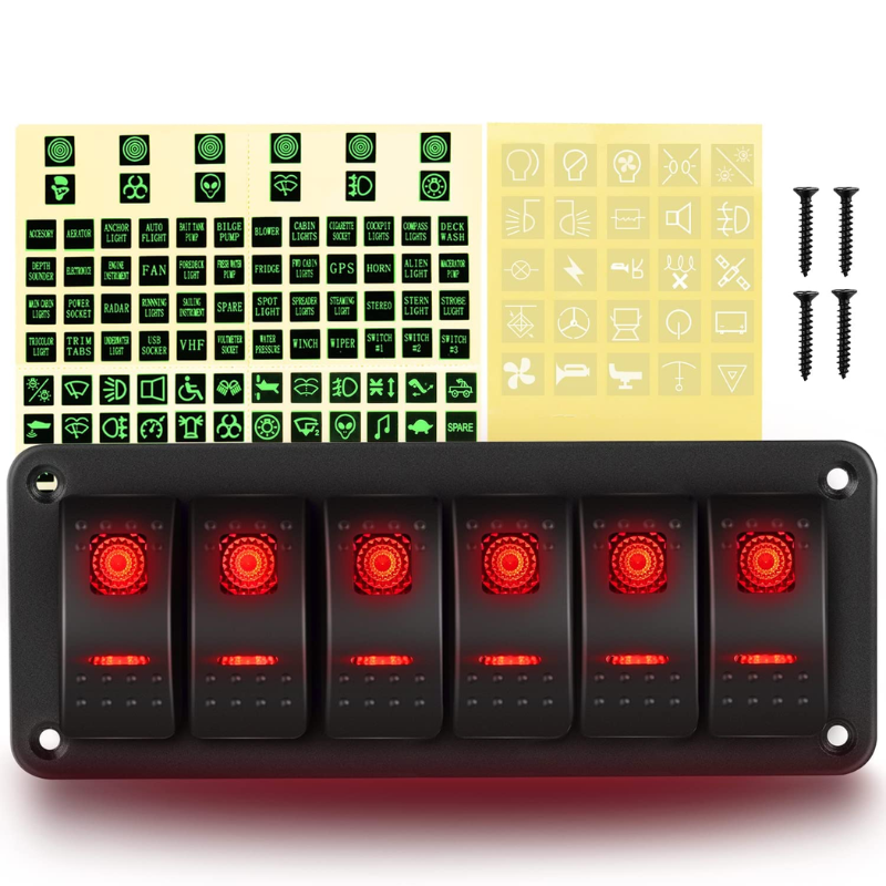 Waywe 6 Gang Rocker Switch Panel 5Pin On Off Toggle Switch Aluminum Holder 12V 24V Dash Pre-Wired Red Backlit Switches for Automotive Cars Marine Boats RVs Truck