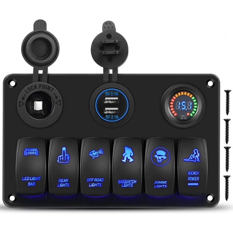 Waywe 6 Gang Rocker Switch Panel Laser Etched Aluminum Panel LED Light Bar Switch Panel with Cigarette Lighter and Dual USB Charger and Voltmeter for 12V-24V Cars Trailers UTV Boats RVs Campers