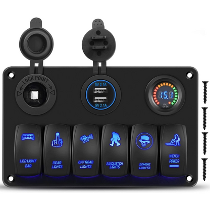 Waywe 6 Gang Rocker Switch Panel Laser Etched Aluminum Panel LED Light Bar Switch Panel with Cigarette Lighter and Dual USB Charger and Voltmeter for 12V-24V Cars Trailers UTV Boats RVs Campers