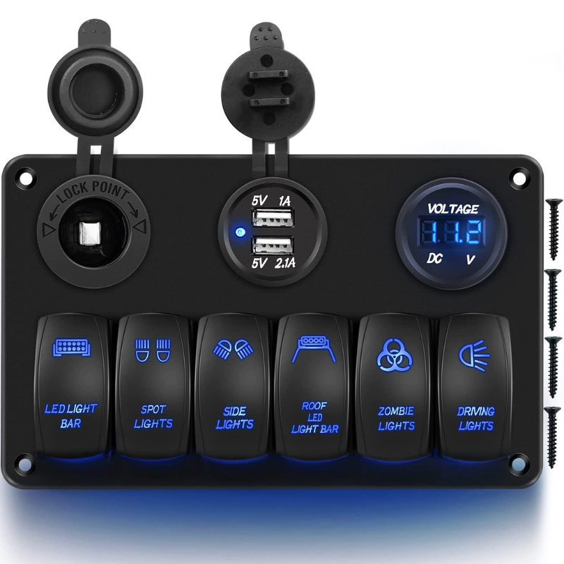 Waywe 6 Gang Rocker Switch Panel Laser Etched Aluminum Panel Waterproof Light Bar Switch Cigarette Lighter Dual USB Voltmeter for 12V 24V Cars