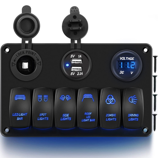 Waywe 6 Gang Rocker Switch Panel Laser Etched Aluminum Panel Waterproof Light Bar Switch Cigarette Lighter Dual USB Voltmeter for 12V 24V Cars