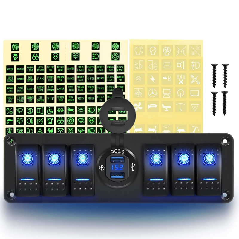 Waywe 6 Gang Rocker Switch 12V SPST ON Off QC 3.0 USB Charger Voltmeter Waterproof Aluminum Panel for Boats Cars RVs Trucks