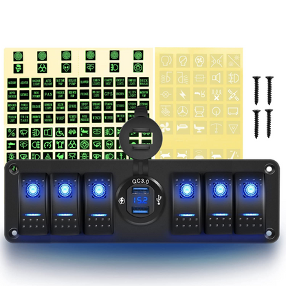 Waywe 6 Gang Rocker Switch 12V SPST ON Off QC 3.0 USB Charger Voltmeter Waterproof Aluminum Panel for Boats Cars RVs Trucks