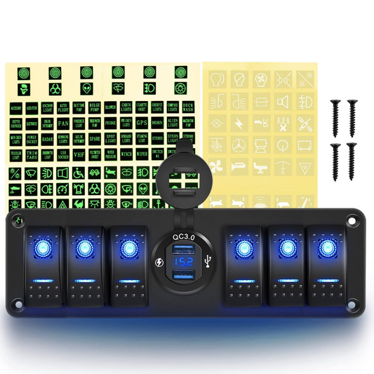 Waywe 6 Gang Rocker Switch 12V SPST ON Off QC 3.0 USB Charger Voltmeter Waterproof Aluminum Panel for Boats Cars RVs Trucks