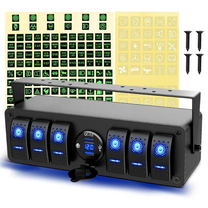 Waywe 6 Gang Rocker Switch Box 12V SPST ON Off QC 3.0 USB Charger Voltmeter Waterproof Aluminum Panel for Boats Cars RVs Trucks