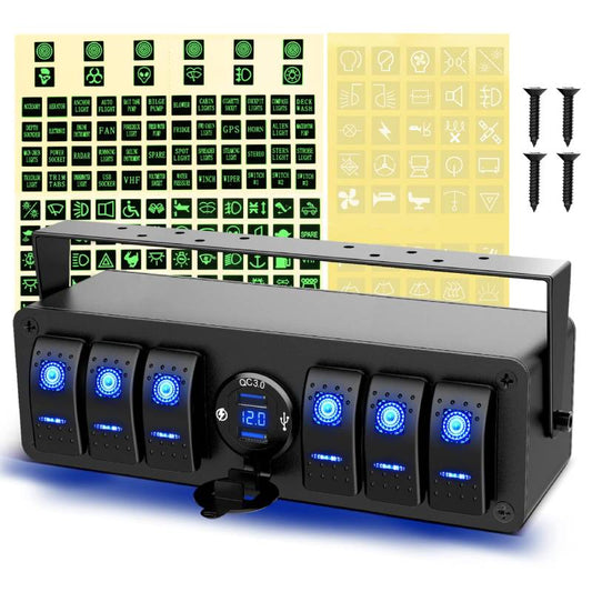 Waywe 6 Gang Rocker Switch Box 12V SPST ON Off QC 3.0 USB Charger Voltmeter Waterproof Aluminum Panel for Boats Cars RVs Trucks