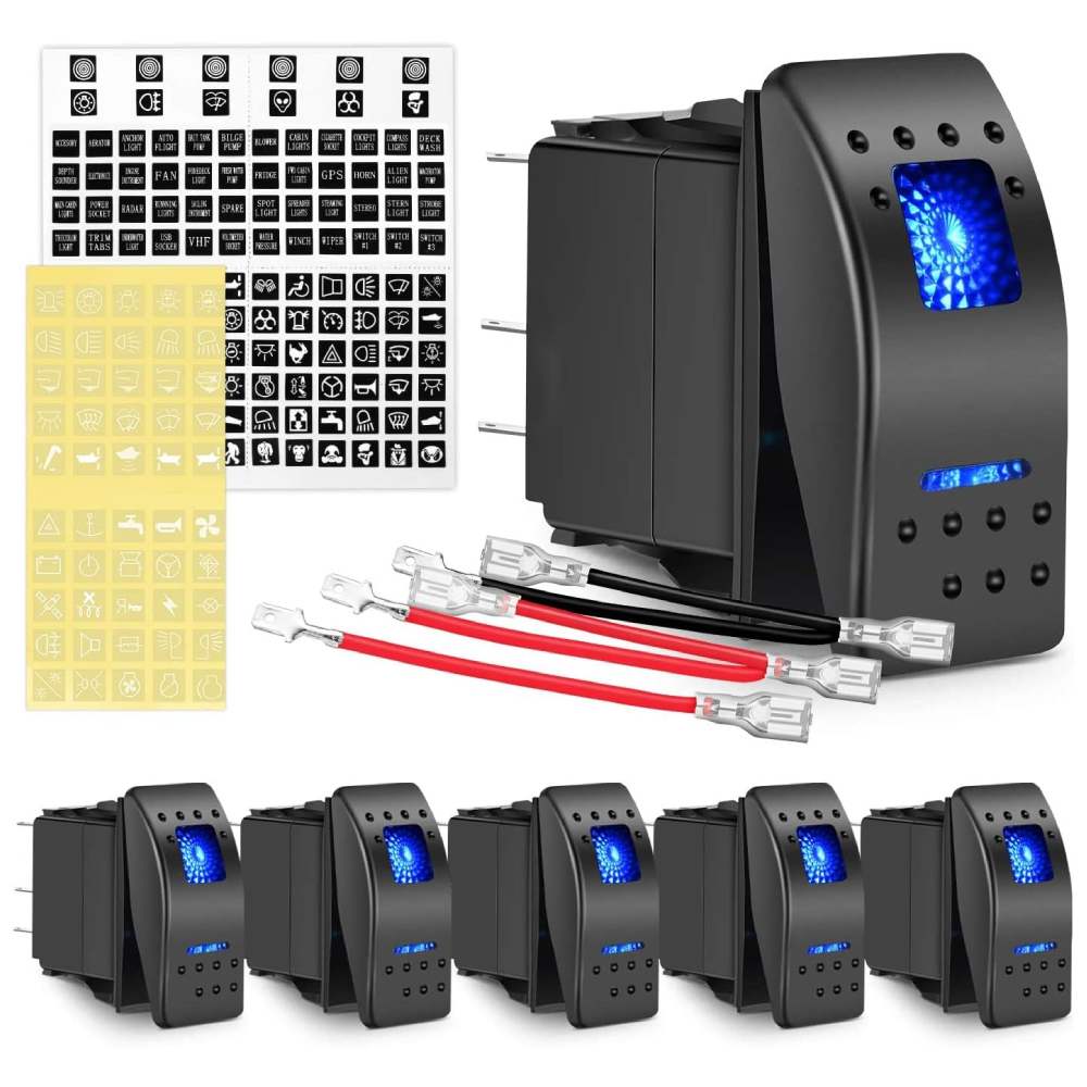Waywe 6 Pack Rocker Switches with Night Glow Stickers 5 PIN SPST Rocker Switches with Blue Backlit 12V 24V Toggle Switches for Cars Trucks RVs Boats Auto Motorcycles