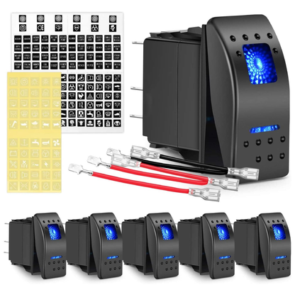 Waywe 6 Pack Rocker Switches with Night Glow Stickers 5 PIN SPST Rocker Switches with Blue Backlit 12V 24V Toggle Switches for Cars Trucks RVs Boats Auto Motorcycles