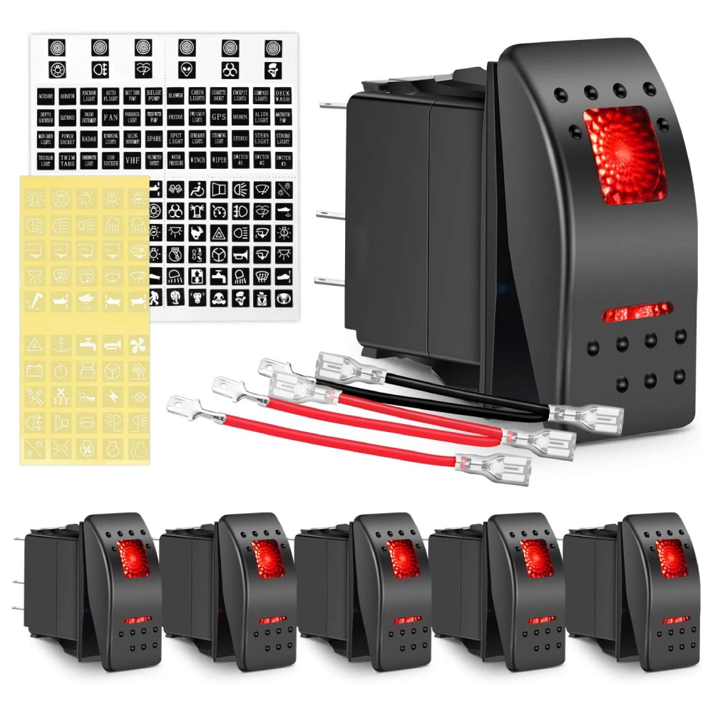 Waywe 6 Pack Rocker Switches with Night Glow Stickers 5 PIN SPST Red Backlit 12V 24V Toggle Switch for Cars Trucks RVs Boats Auto Motorcycles