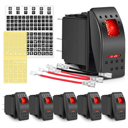 Waywe 6 Pack Rocker Switches with Night Glow Stickers 5 PIN SPST Red Backlit 12V 24V Toggle Switch for Cars Trucks RVs Boats Auto Motorcycles