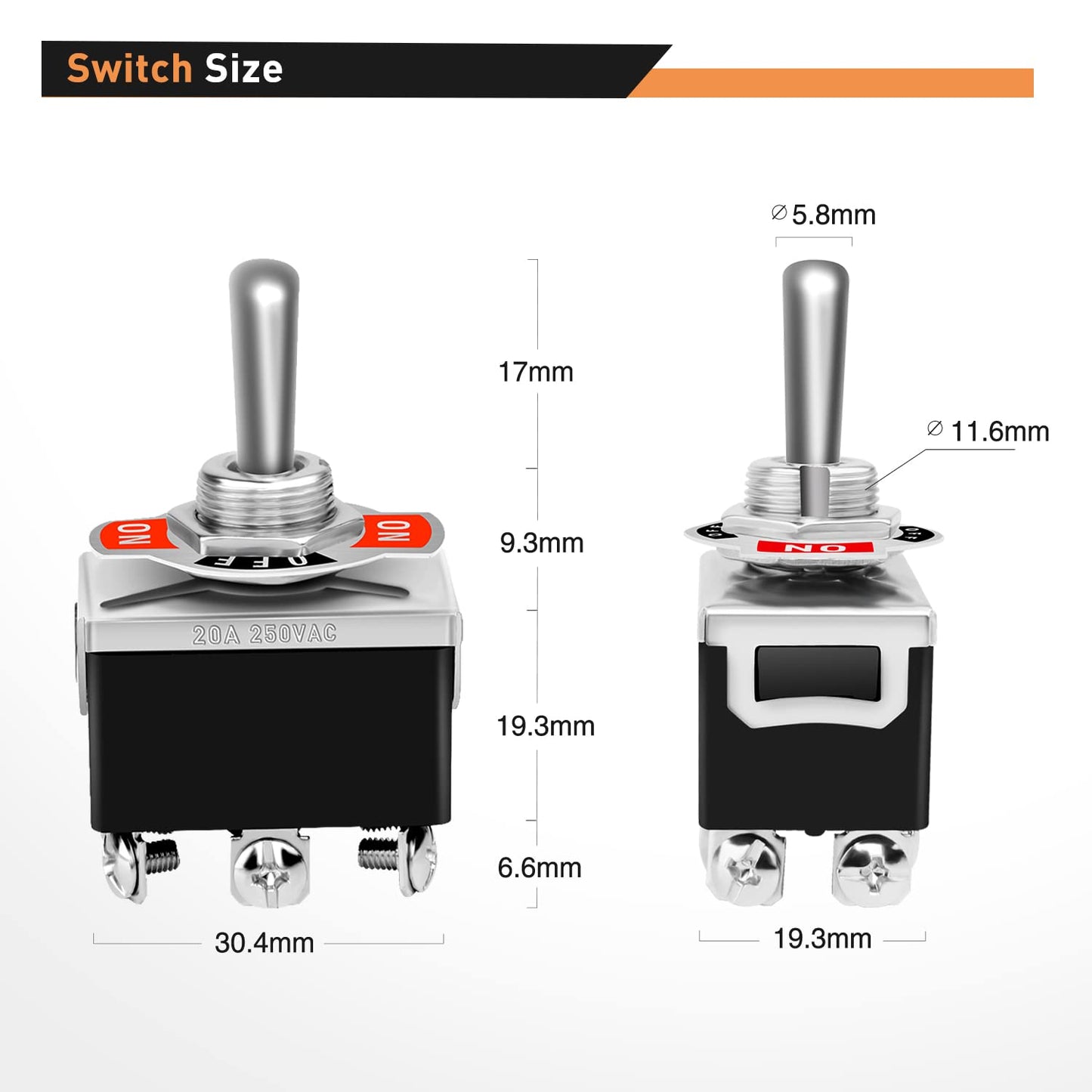 Waywe 5 Pack 6Pin Heavy Duty Rocker Toggle Switch 15A 250V 20A 125V DPDT 6 Pin ON Off ON Switch Metal Bat Waterproof Boot Cap Cover