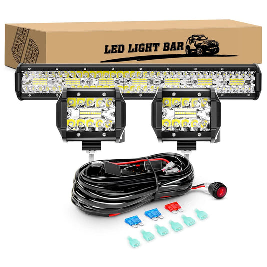 Waywe 20Inch 420W Led Light Bar 2PCS 4Inch 60W LED Pods Led Driving Fog Lights with 16AWG Off Road Wiring Harness-3 Leads for Truck Golf Cart SUV ATV UTV Boat