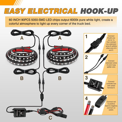 Waywe RGB Truck Bed Light Strip 2PCS 60" 180 LEDs Neon Accent Lighting with RF Remote On/Off Switch Splitter Extension Cable for 12-Volt Car Cargo Pickup SUV RV Boat