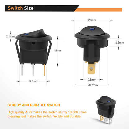 Waywe 12PCS Round Toggle LED Switch DC 12V 20A Rocker SPST Switch On Off Control Blue Green Yellow Red for Cars Trucks Boats RVs