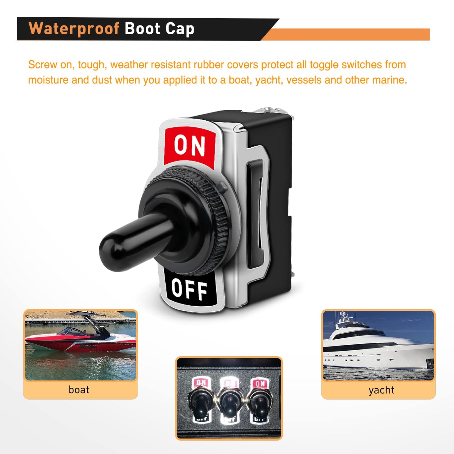 Waywe Heavy Duty Rocker Toggle 15A 250V 20A 125V SPST 2Pin ON Off Switch Metal Bat Waterproof Boot Cap Cover-5 Pack