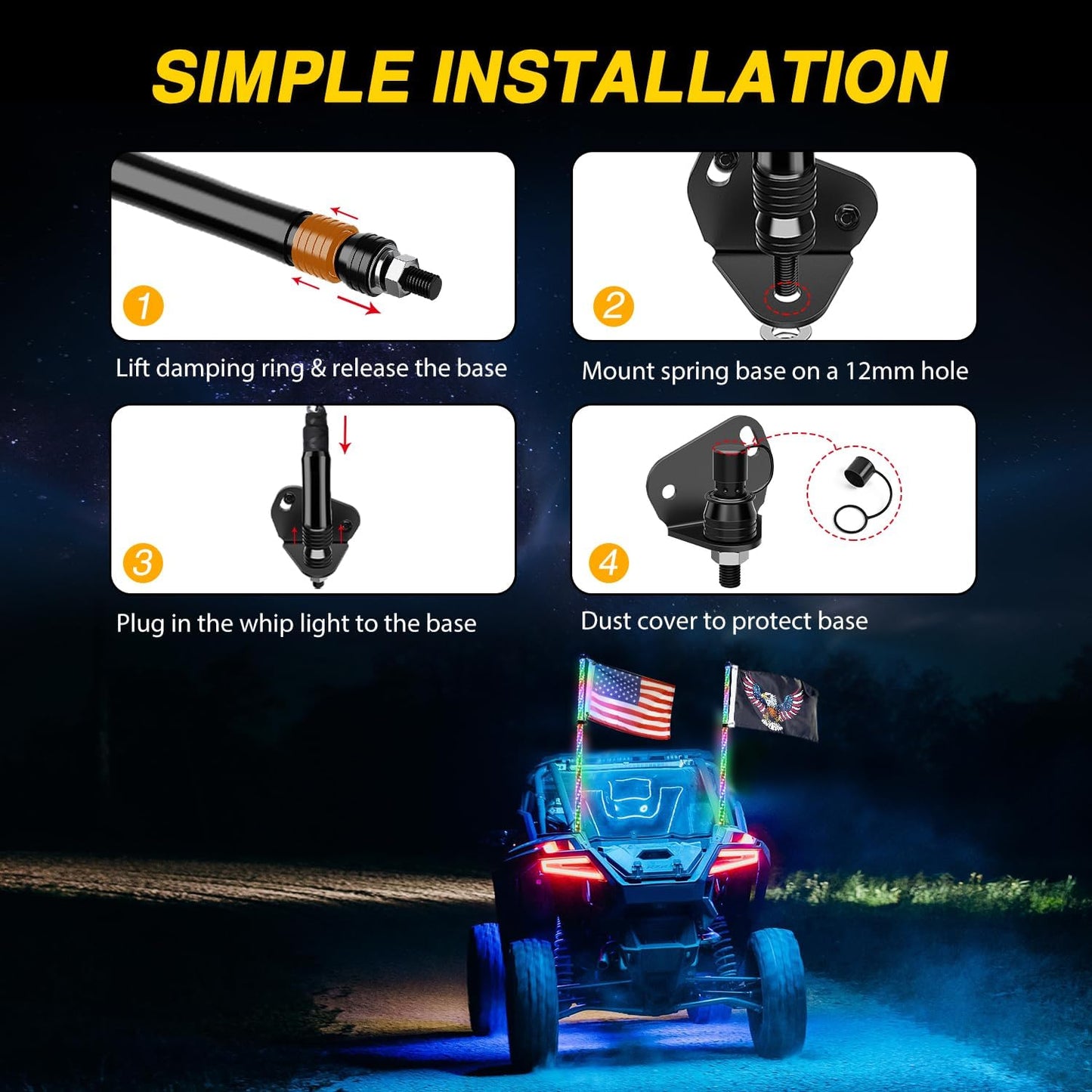 Waywe 1PC 3FT LED Whip Light Spiral RGB Chasing RF Remote Durable Lighted Antenna Whips w/ Rocker Switch for UTV ATV Truck Sand Rail Buggy Dune RZR Can-am